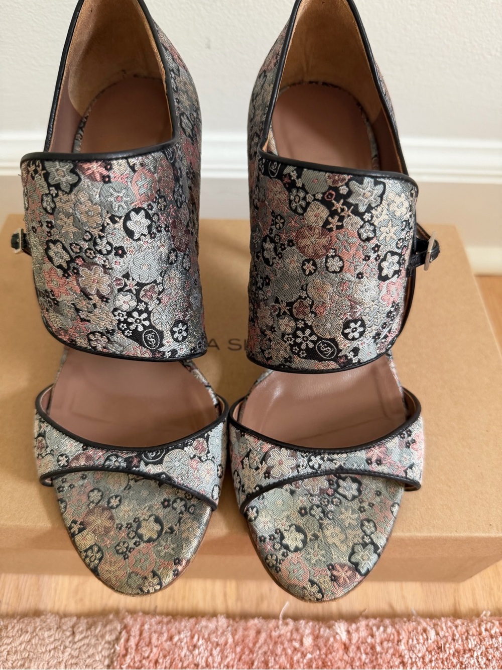Tabitha Simmons Metallic Pink and Silver Floral Jacquard Heel Sandals 38.5